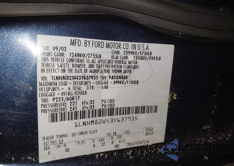 2003 Lincoln Town Car Signature z USA, uszkodzony, nr VIN 1LNHM82W43Y637935